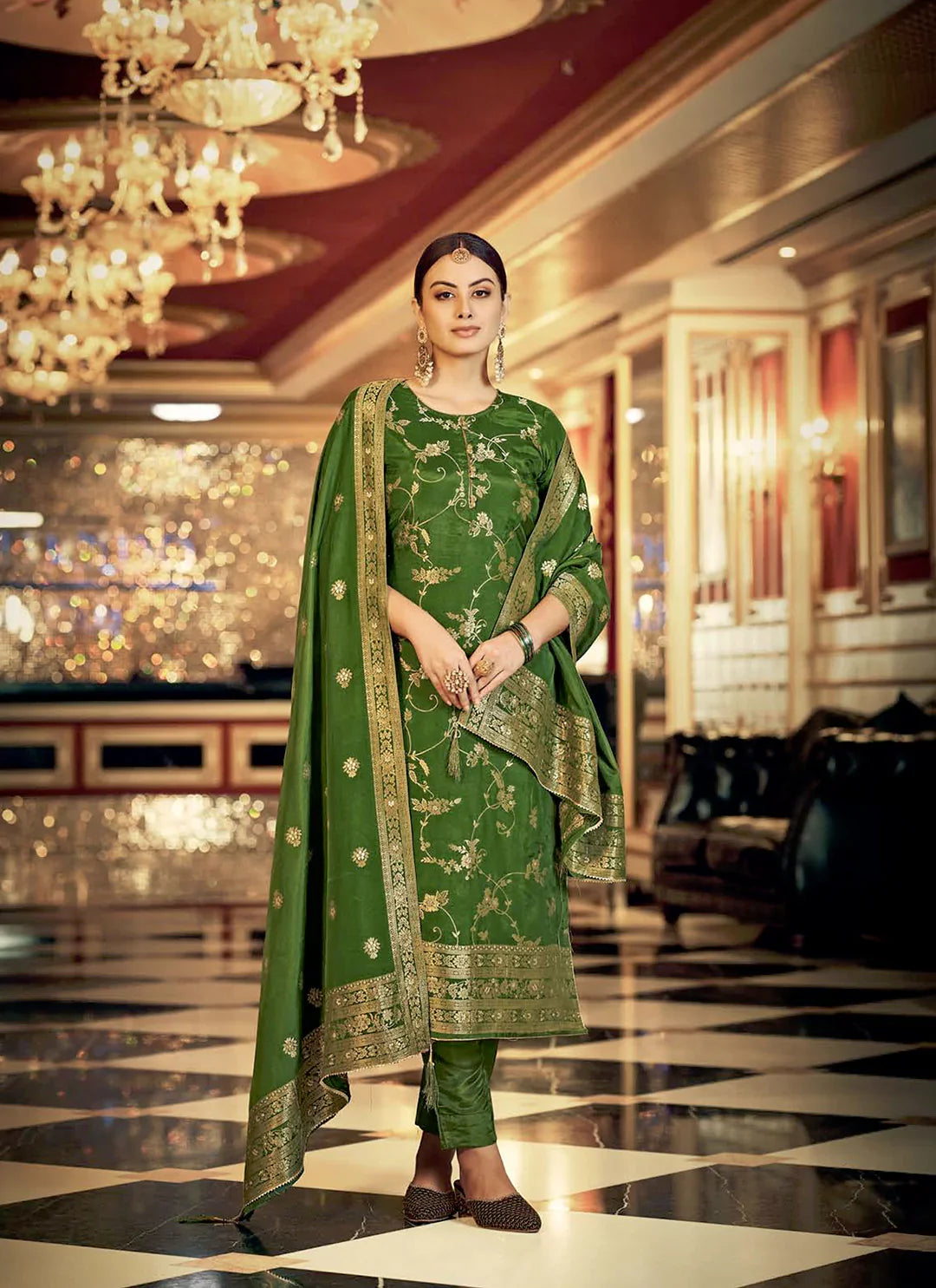 Zari Woven Jaal Work Green Banarasi Dola Silk Unstitched Suit Set treevesto