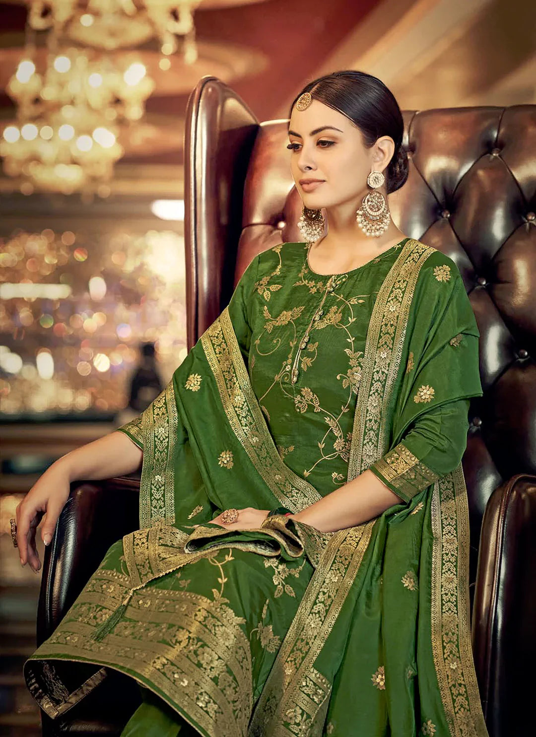 Zari Woven Jaal Work Green Banarasi Dola Silk Unstitched Suit Set treevesto
