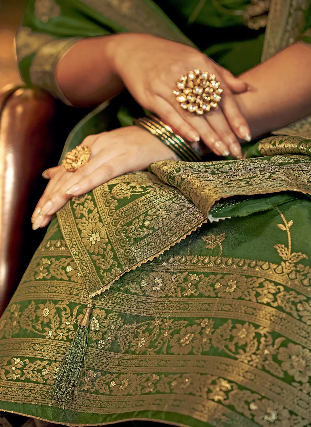 Zari Woven Jaal Work Green Banarasi Dola Silk Unstitched Suit Set treevesto