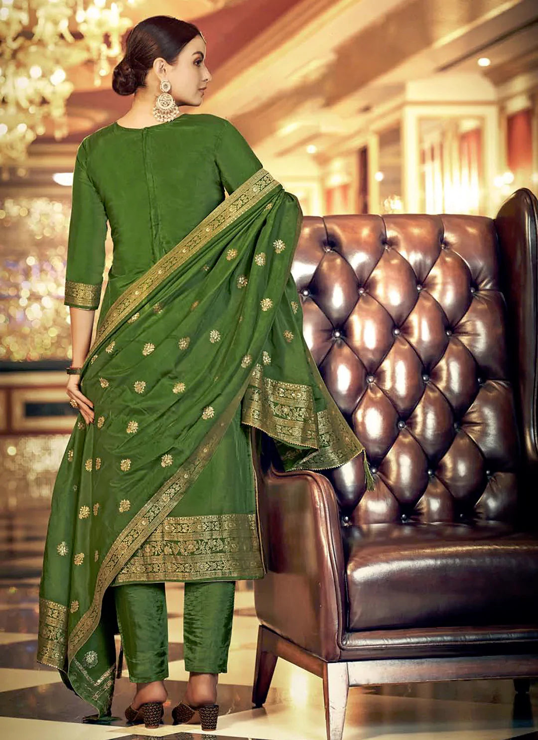 Zari Woven Jaal Work Green Banarasi Dola Silk Unstitched Suit Set treevesto