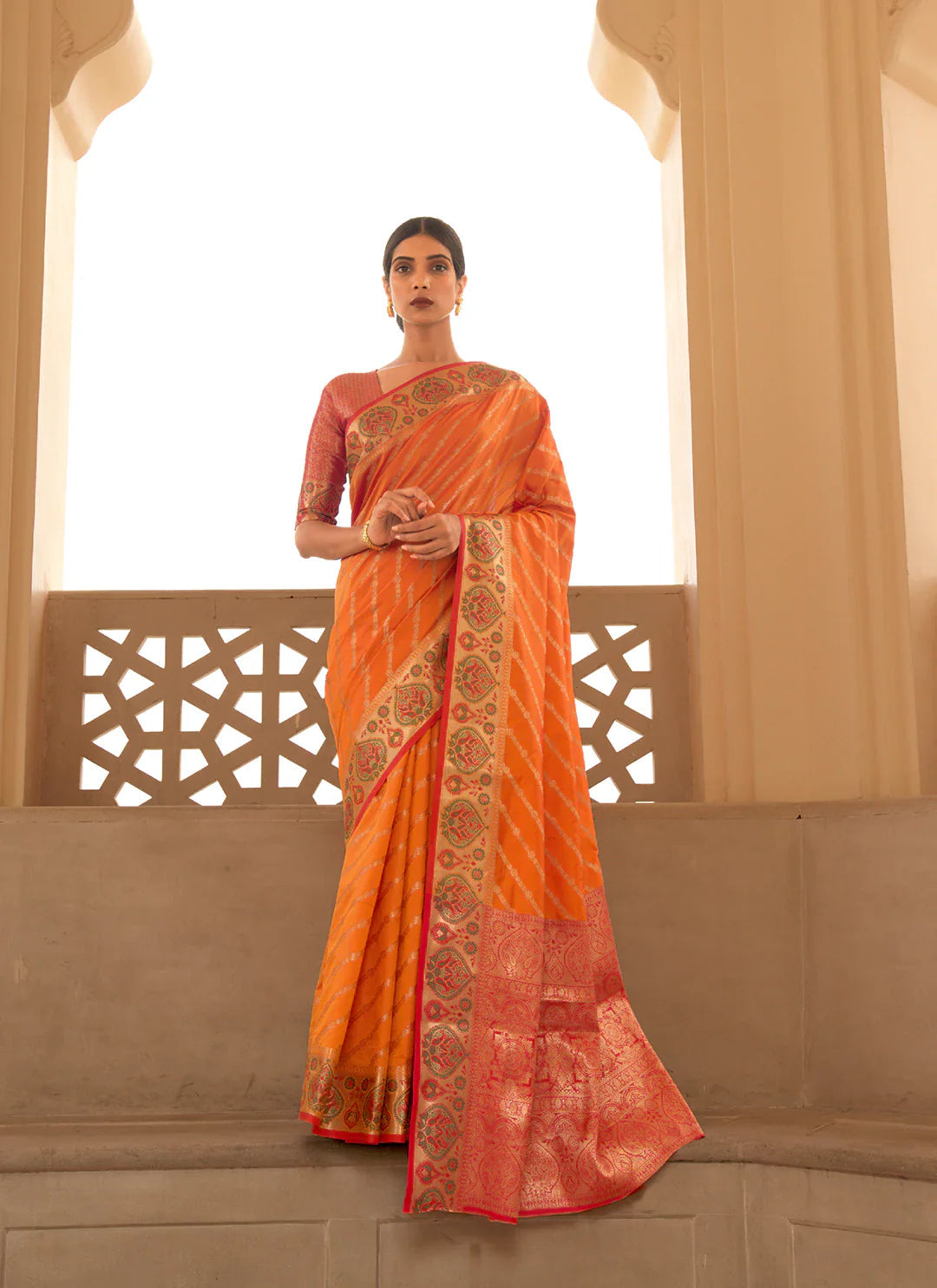 Zari Woven Orange Banarasi leheriya Saree treevesto