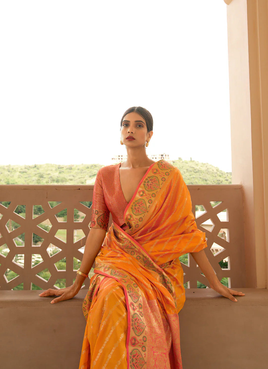 Zari Woven Orange Banarasi leheriya Saree treevesto