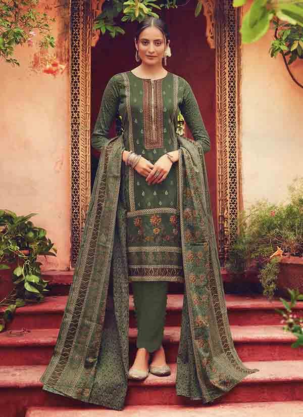 Seaweed Green Coloured Kashmiri Embroidered Pure Jam Satin Suit Piece