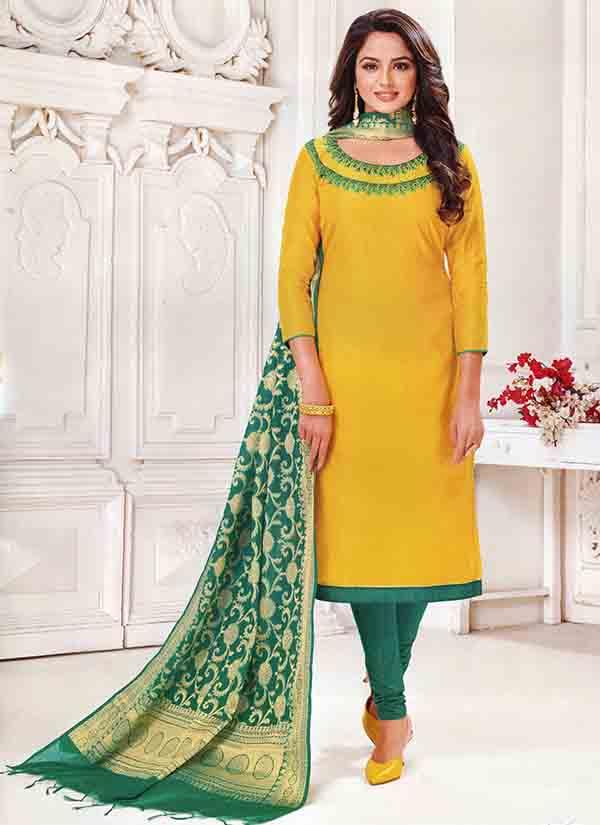 Mustard Yellow Modal Silk Embroidered Suit With Banarasi Dupatta