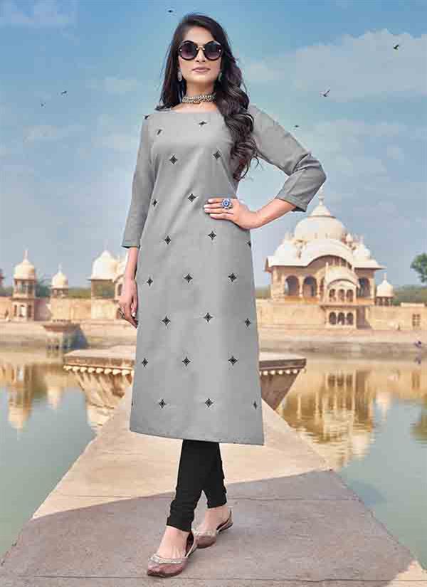 Grey & Black Heavy Rayon Print Embroidered Work Kurti And Plazo Ready Made  For Party Wear - RJ Fashion