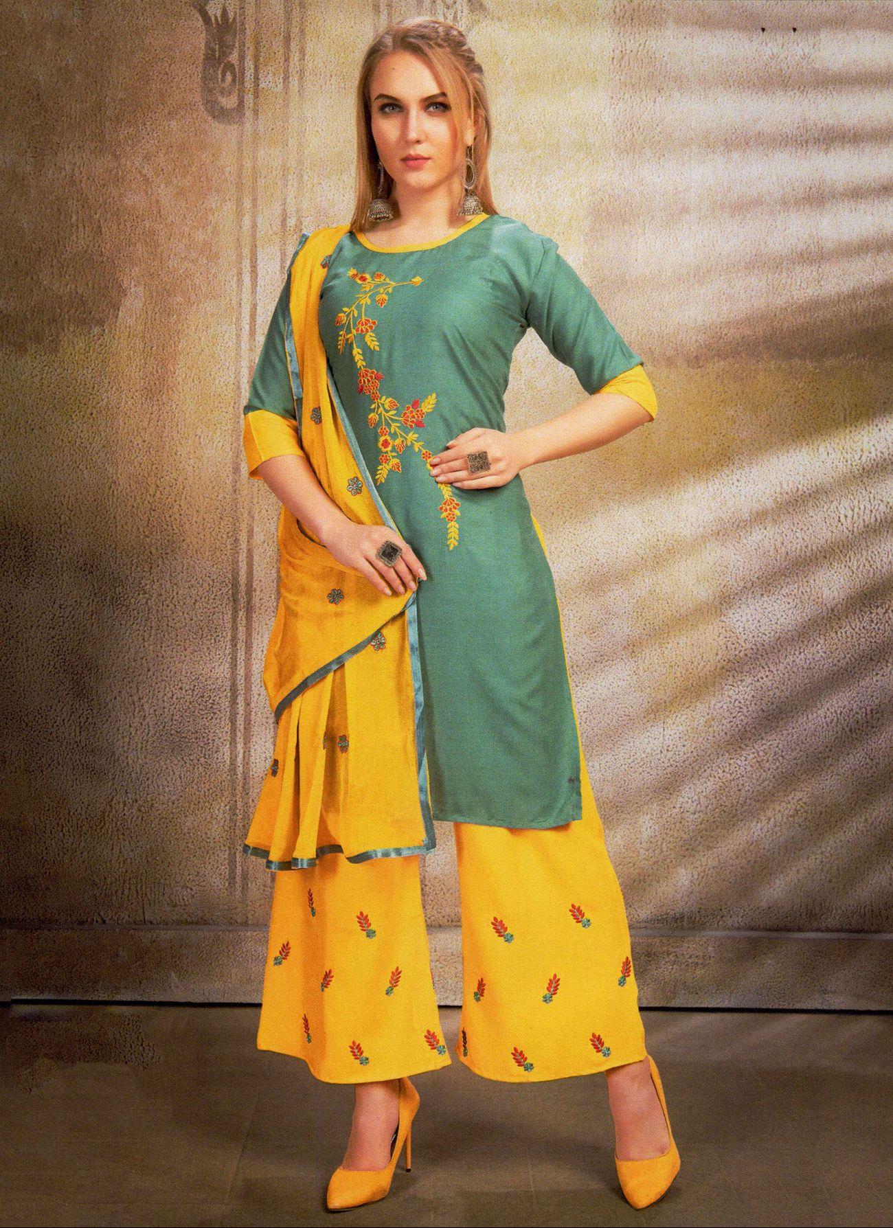 Kurti Palazzo Set for With Dupatta for Women With Gold Detailing, Yellow  Salwar Kameez/ Embroidered Indian Dress, Rakhi Gift - Etsy