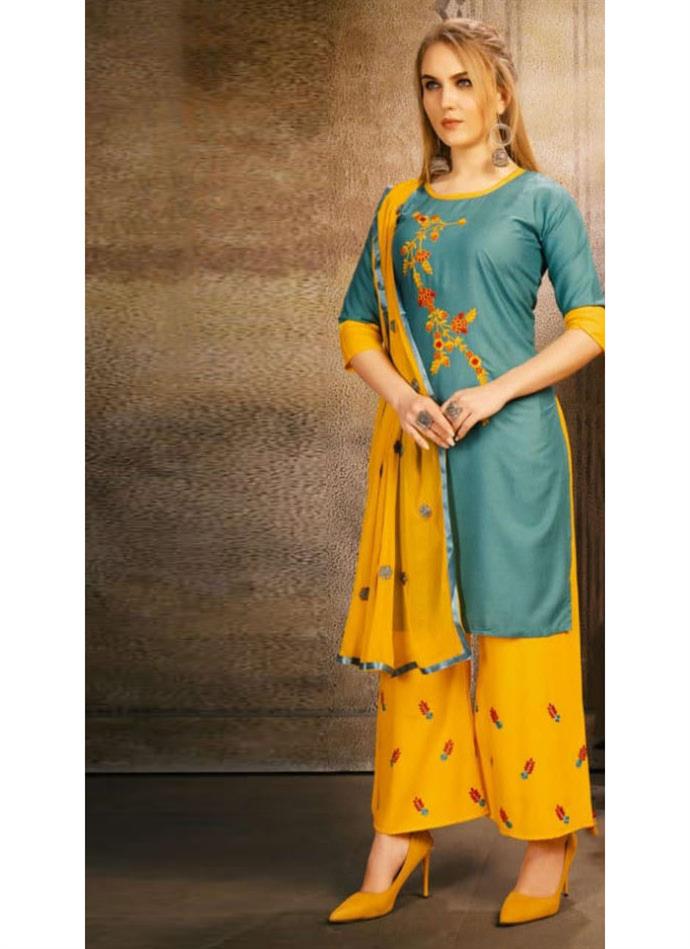 Women Yellow Color Rayon A-line Printed Long Kurti With Palazzo | All  IndiaCollections