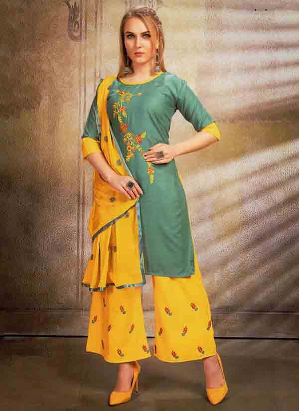 Sea blue kurti, yellow skirt and dupatta set with gota patti detailing -  Kurti Fashion