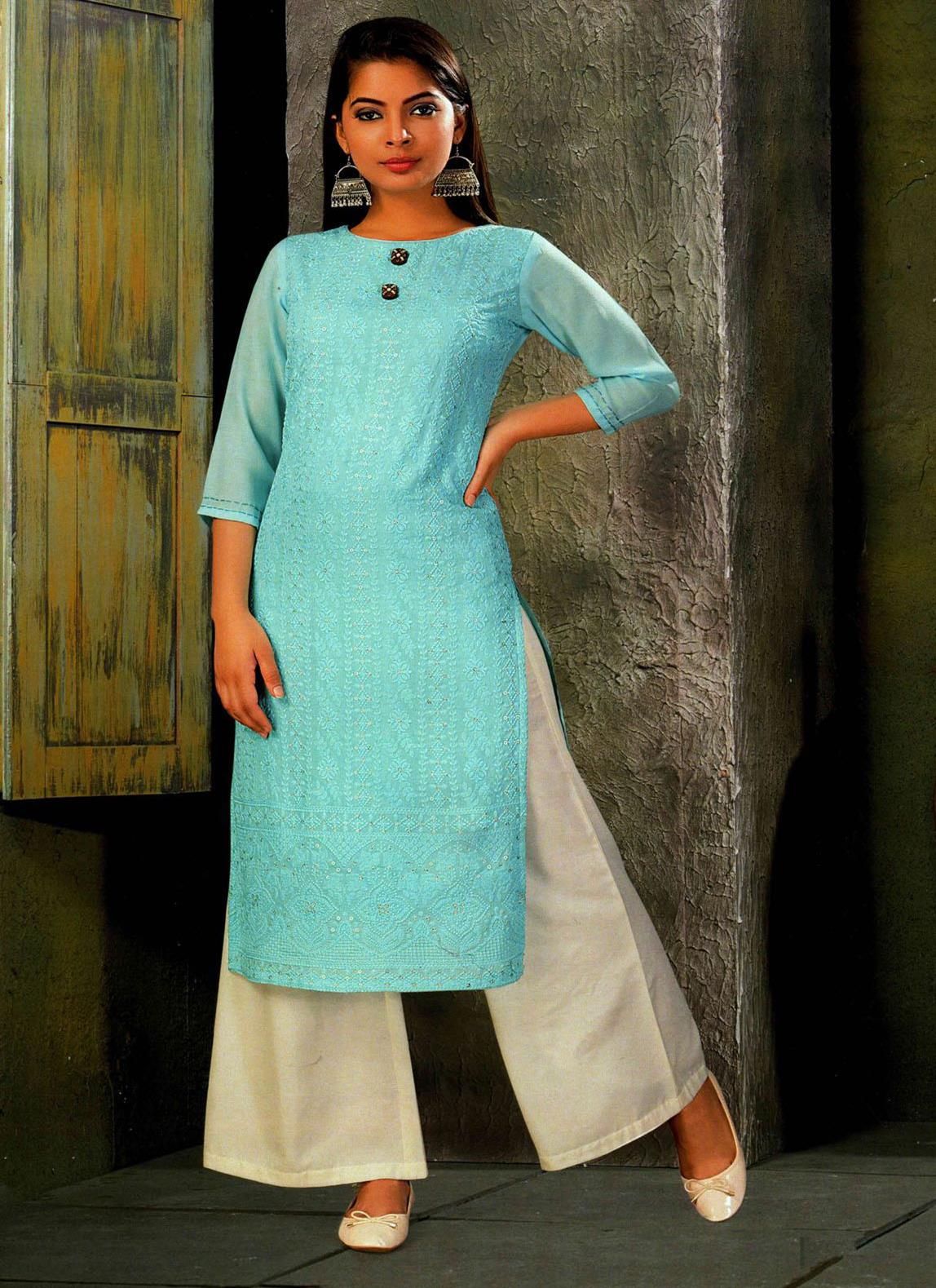 Buy Jaipur Kurti Turquoise & Black Regular Fit Kurti Palazzo Set for Women  Online @ Tata CLiQ