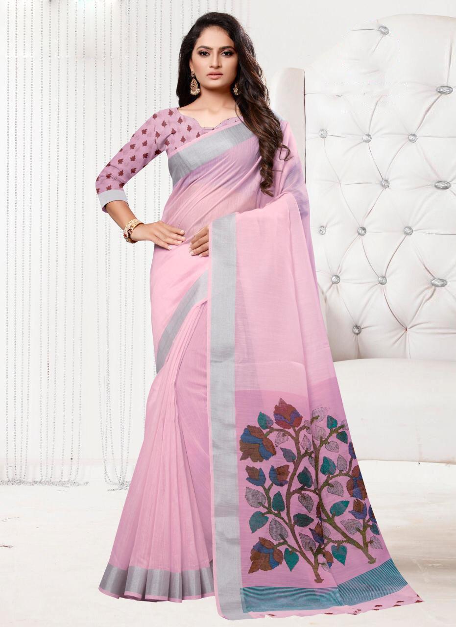Dark Pink Cotton Silk Saree with Box Design pallu - Loomfolks