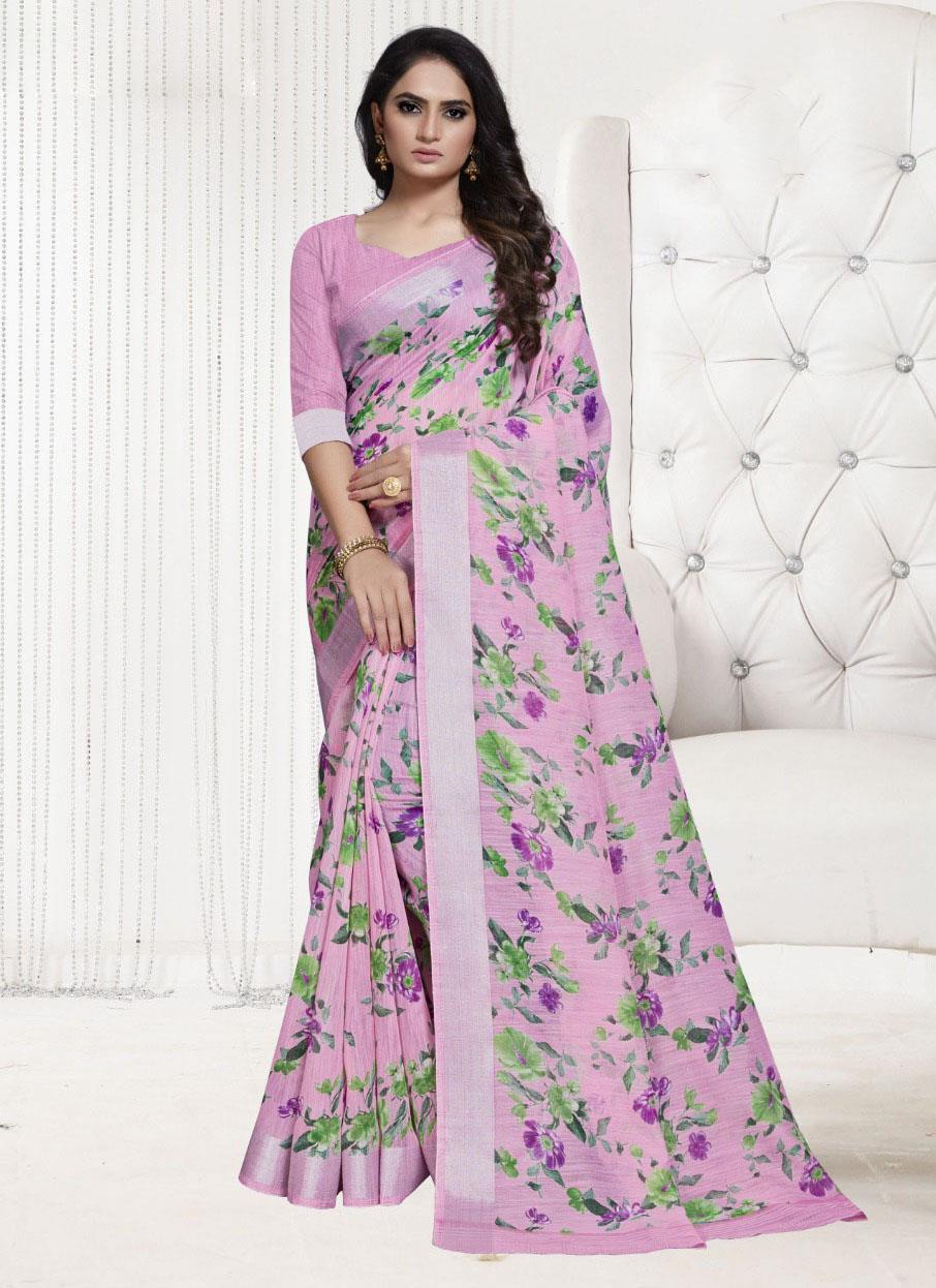 Shades Of Grey Floral Printed linen Saree with Zari Border – Ethnos