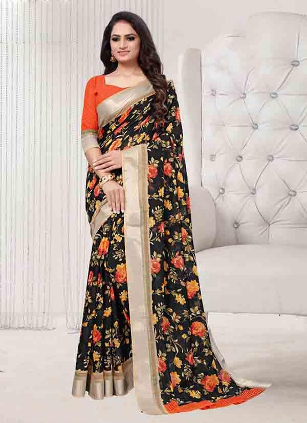 Floral Print Cotton Linen Saree In Black With Silver Border