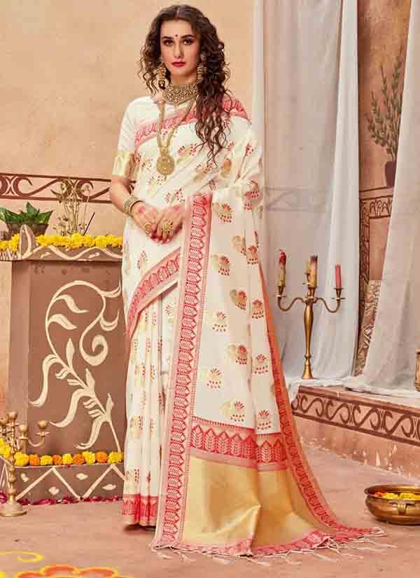 Pearl White Banarasi Silk Sari With Red Border