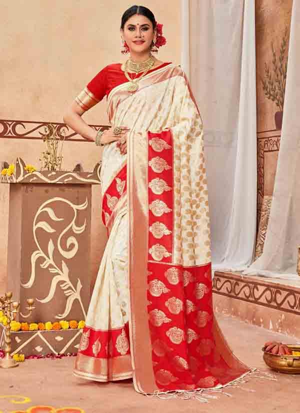 Pearl White Zari Work Soft Banarasi Saree With Red Border