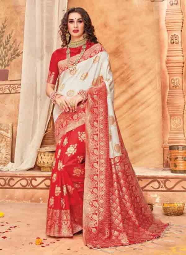 Pearl White And Red Half & Half Heavy Banarasi Silk Saree