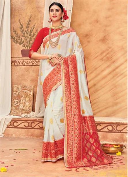 Creamy Off-white and Red Zari Border Silk Saree With Blouse – Bahuji -  Online Fashion & Lifestyle Store