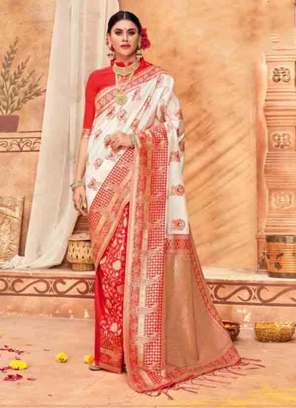 White And Red Half & Half Banarasi Silk Saree