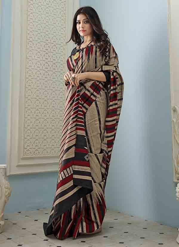 Black & Red Striped Soft Bhagalpuri Silk Saree In Beige