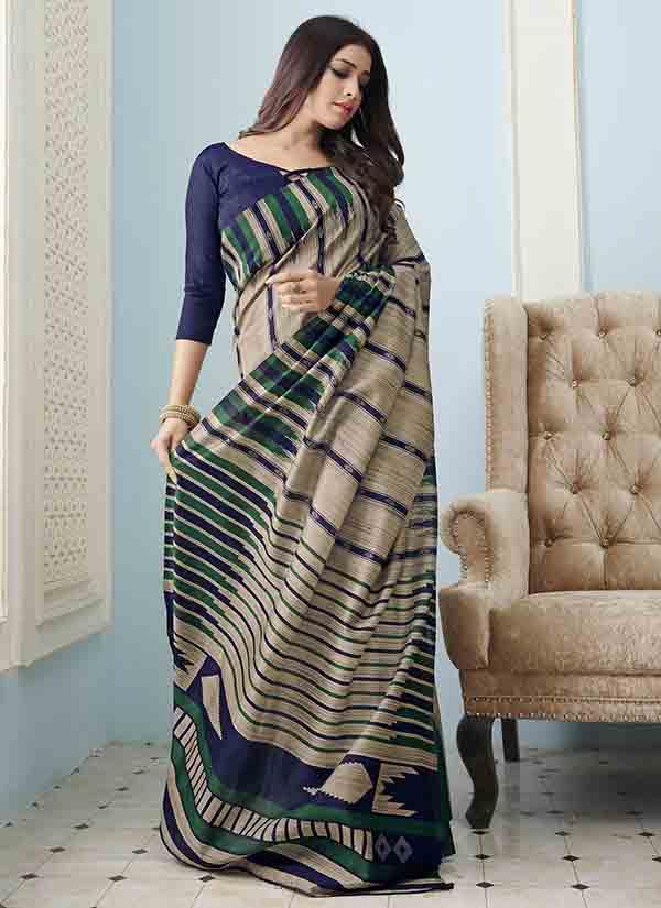 Blue & Green Striped Soft Bhagalpuri Silk Saree In Beige