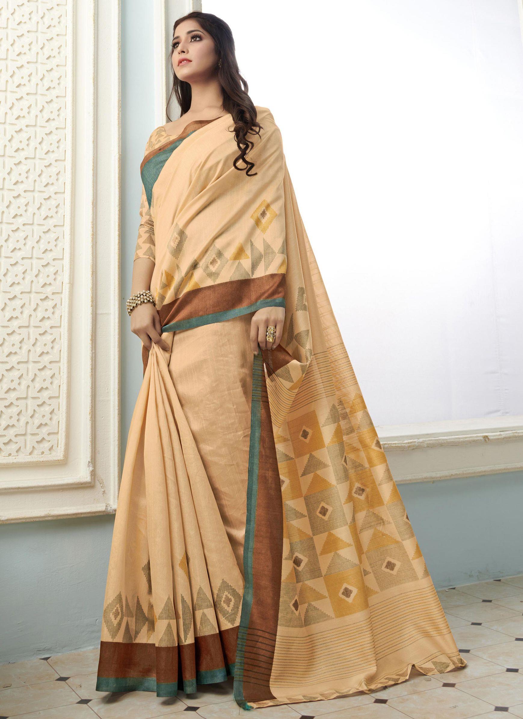 Cream Colored Casual Wear Printed Bhagalpuri Silk Saree