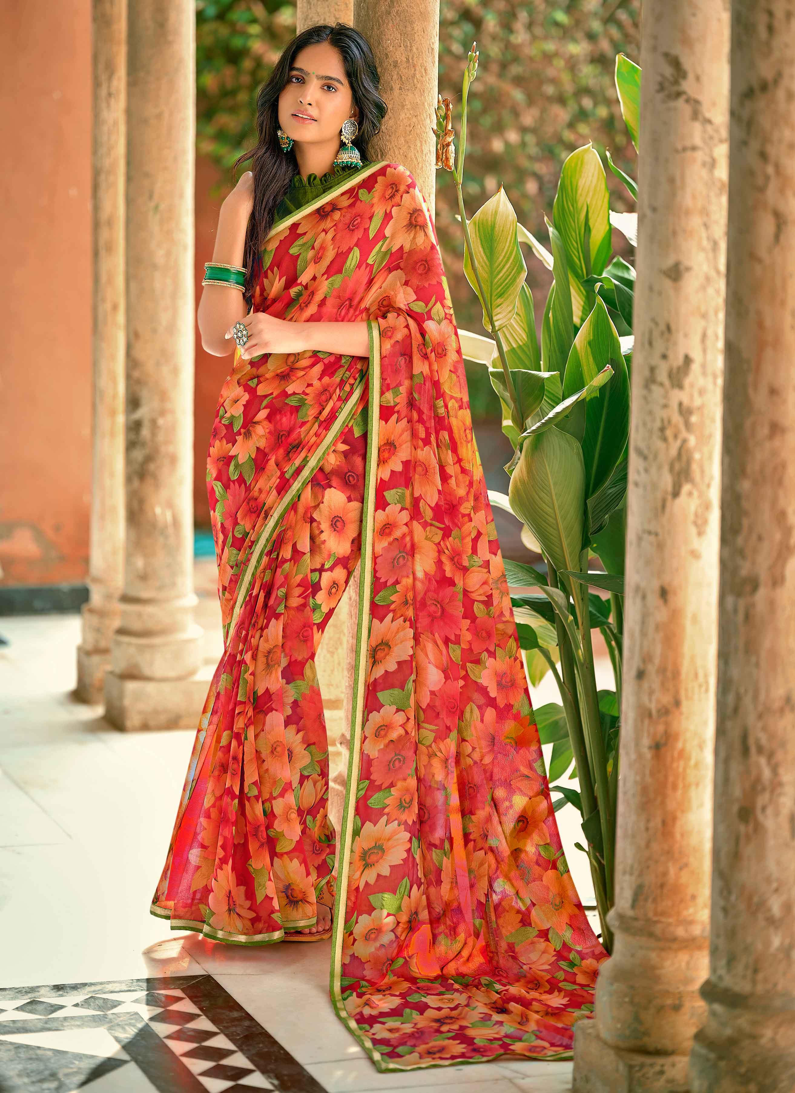 RED PRINTED SAREE GOWN WITH EMBROIDERED BODICE