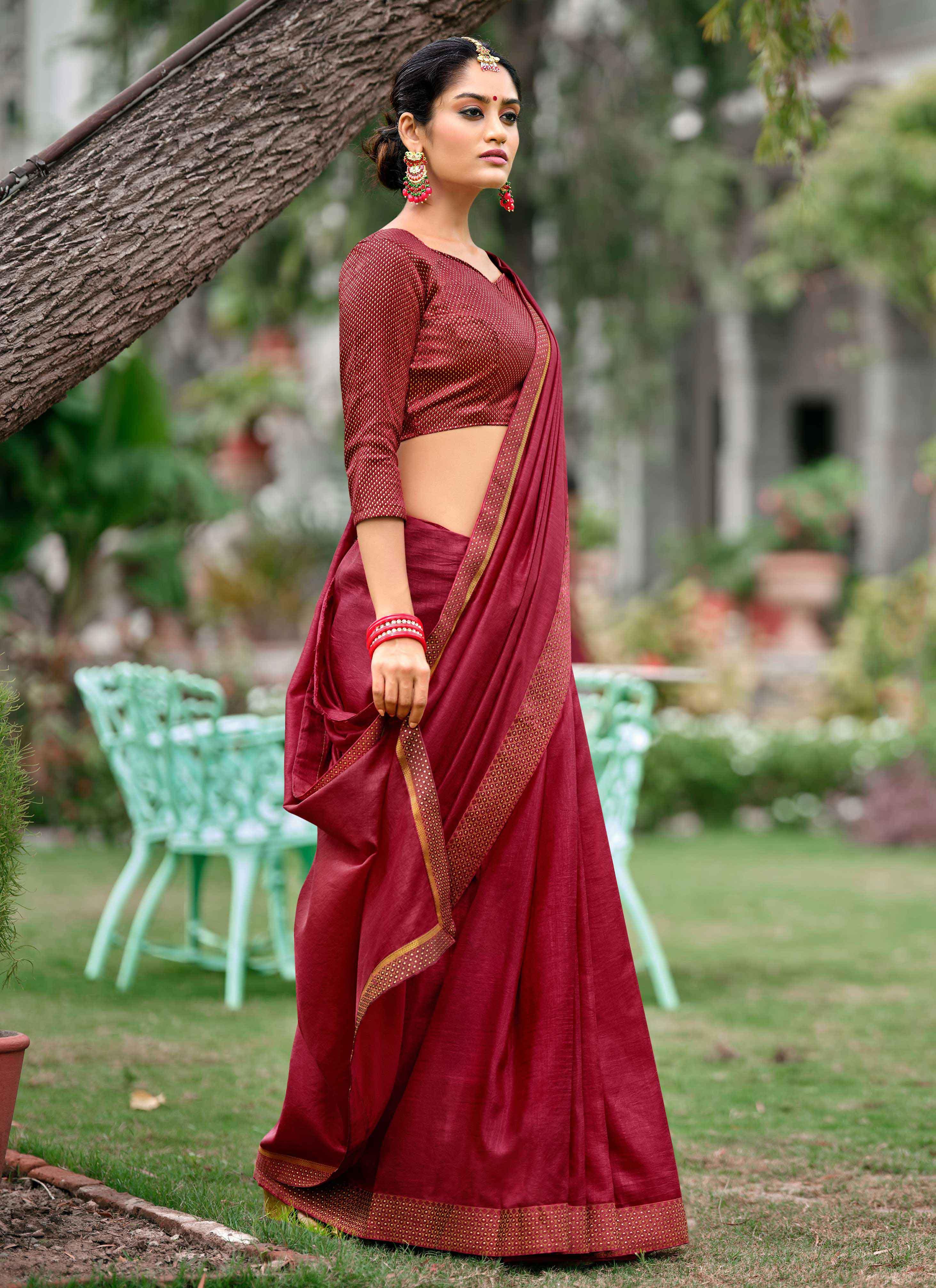 Buy Arvika Solid/Plain Bollywood Silk Blend Maroon Sarees Online @ Best  Price In India | Flipkart.com