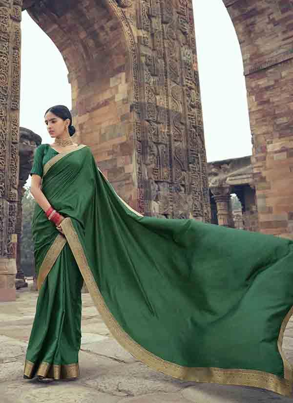 Soft Vichitra Silk Solid Green Saree With Zari Lace Border