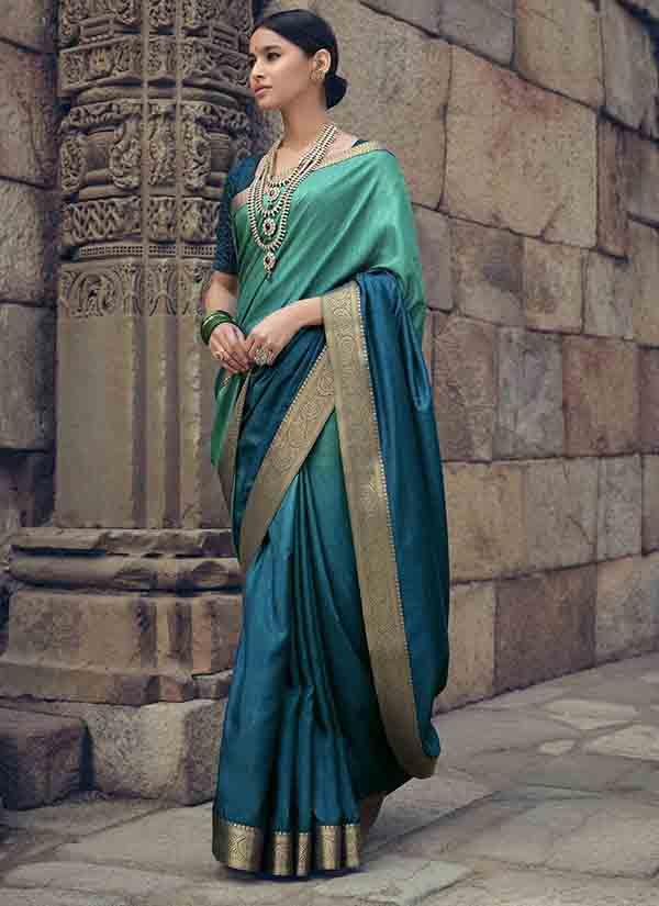 Teal Blue & Sea Green Ombre Dyed Soft Vichitra Silk Saree