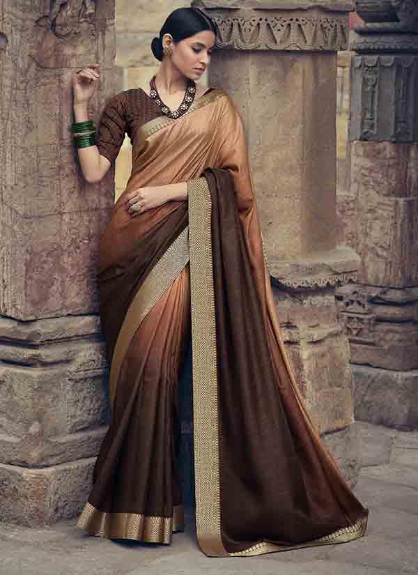 Beige & Brown Ombre Dyed Soft Vichitra Silk Saree