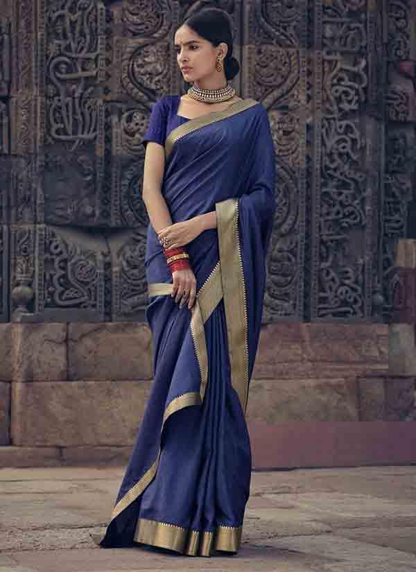 Blue Soft Vichitra Silk Saree With Zari Lace Border