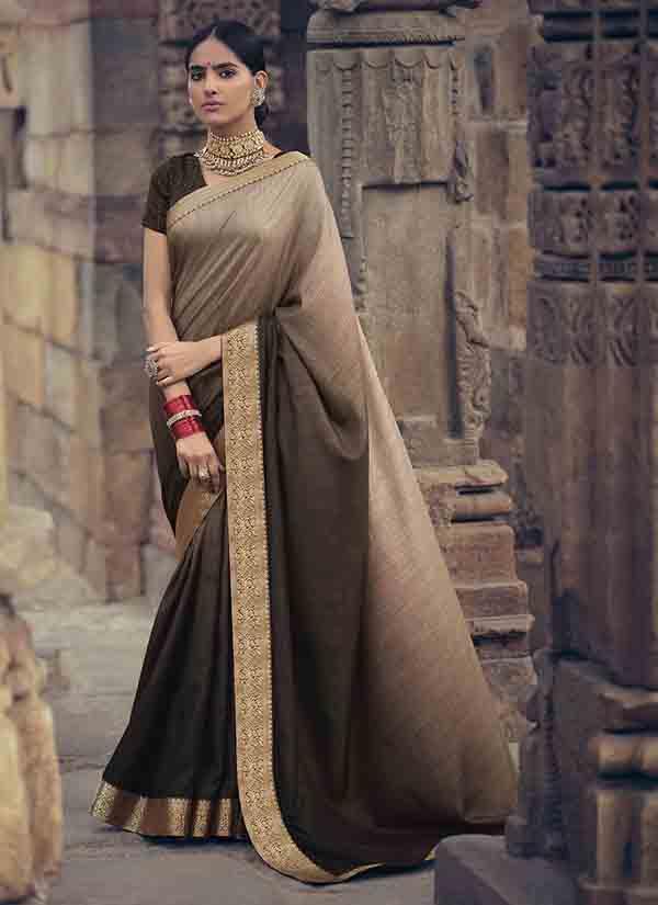 Taupe & Brown Ombre Dyed Soft Vichitra Silk Saree