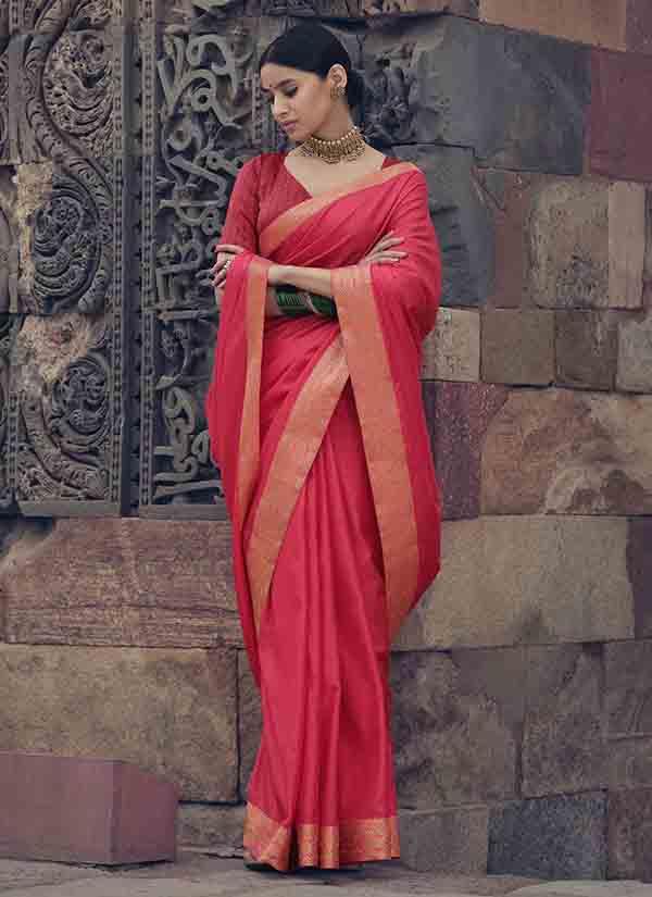 Red Soft Vichitra Silk Saree With Zari Lace Border