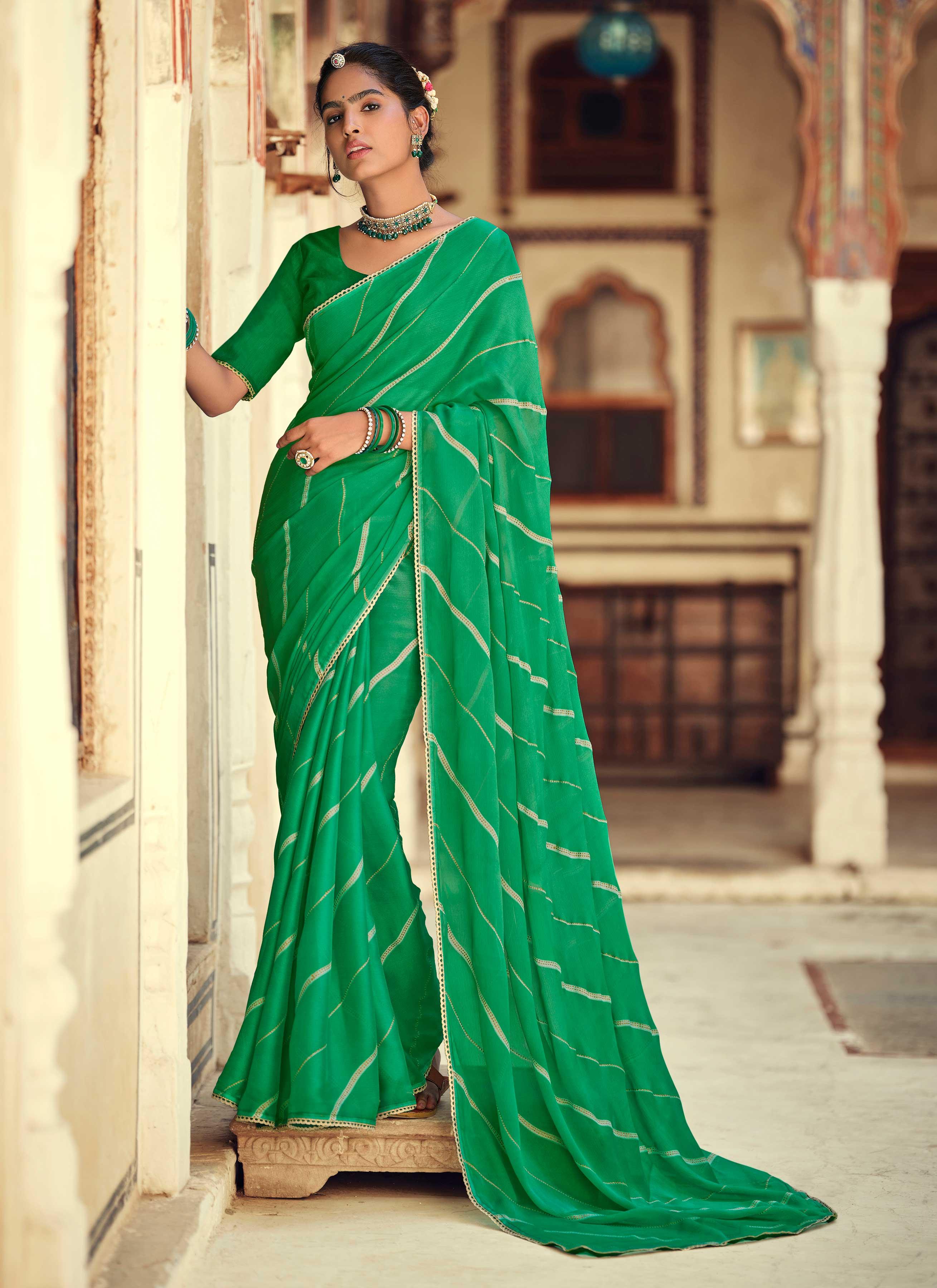 Green Chanderi Leheriya Print Saree at Soch