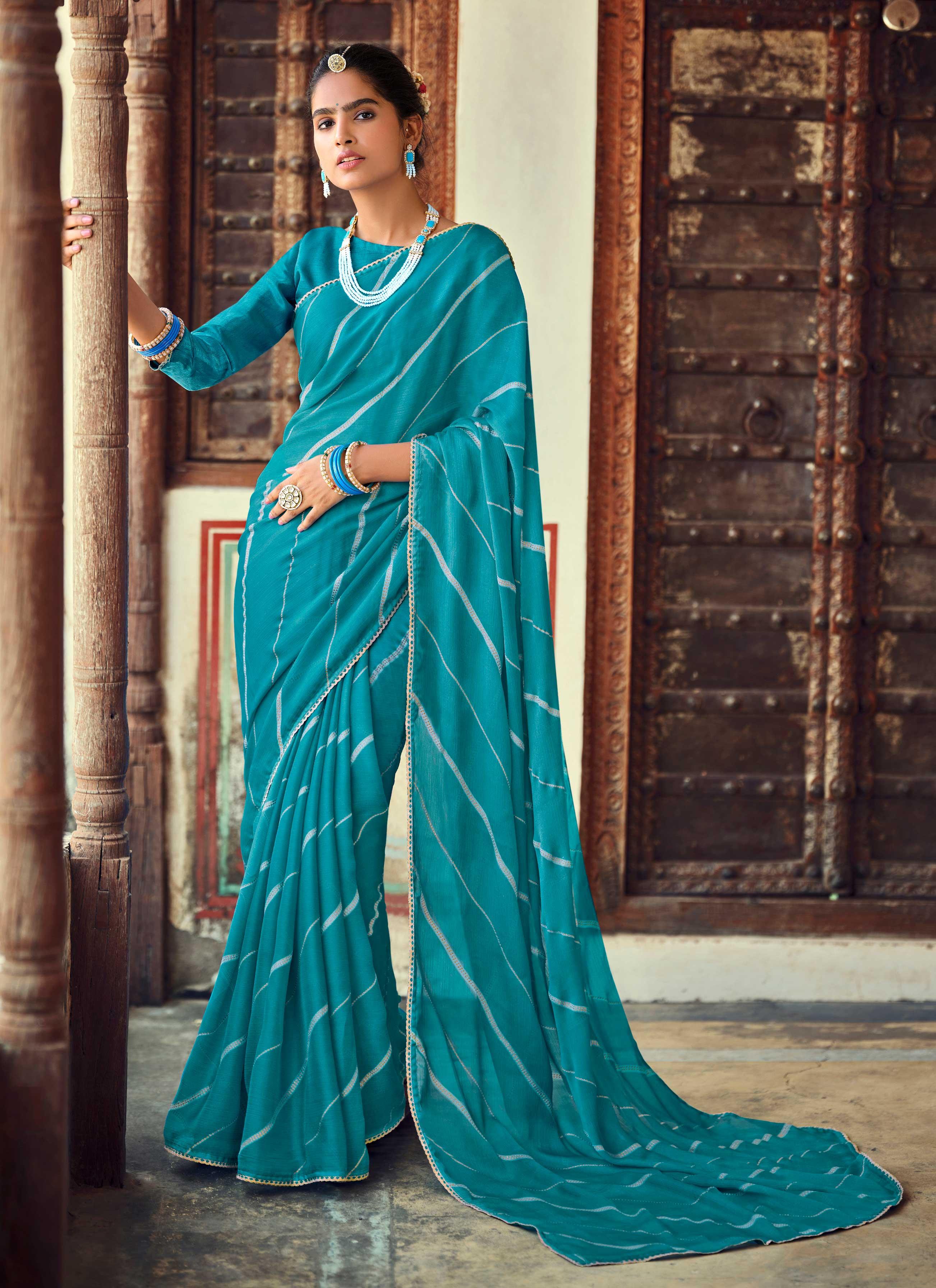 ROYAL BLUE MULTI LEHERIYA HANDCRAFTED CHIFFON SARI – Weavekala