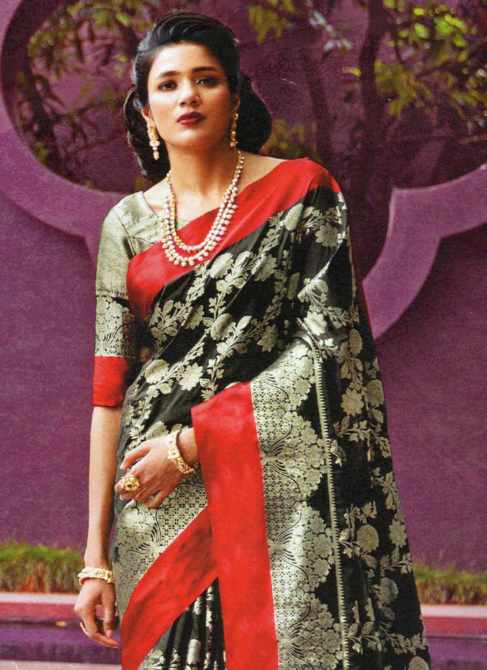 Black Red Block Printed Zari Border Pure Silk Mark Certified Tussar Si –  Dailybuyys