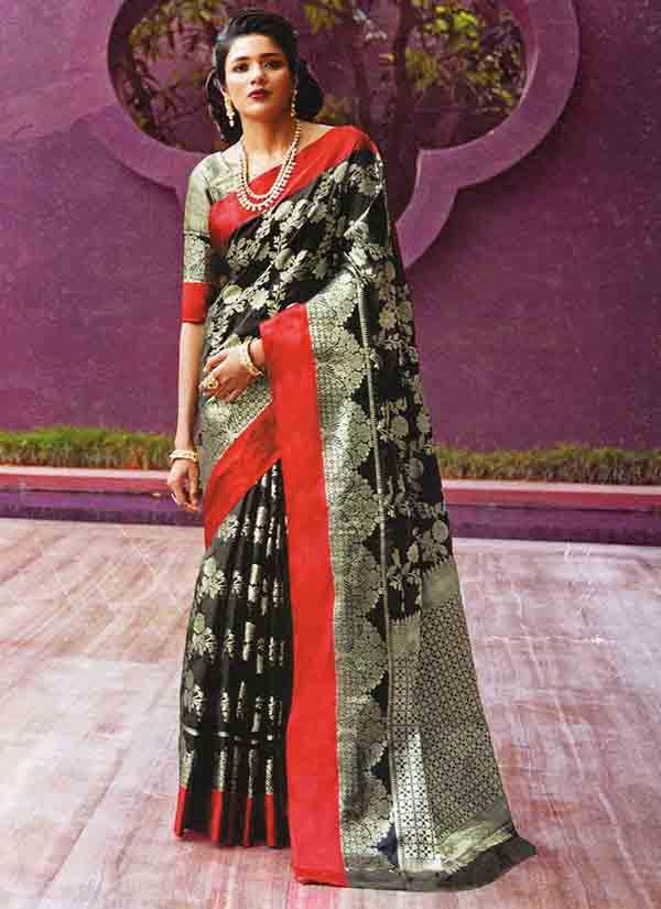 Black Banarasi Silk Saree With Silver Zari Work