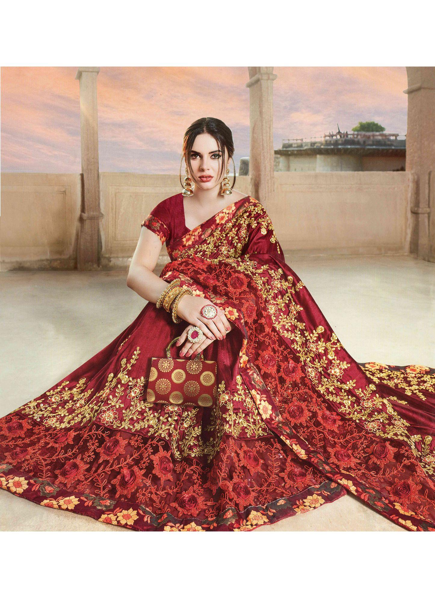 Indian Wedding Saree - Traditional style red color Silk Saree with printed  and stonework. Price: US$ 120.00 . . Product Code: 1721834 . . .  #indianweddingsaree #ethnicwear #traditionaldress #bollywood #classic  #womenfashion #indiandress #