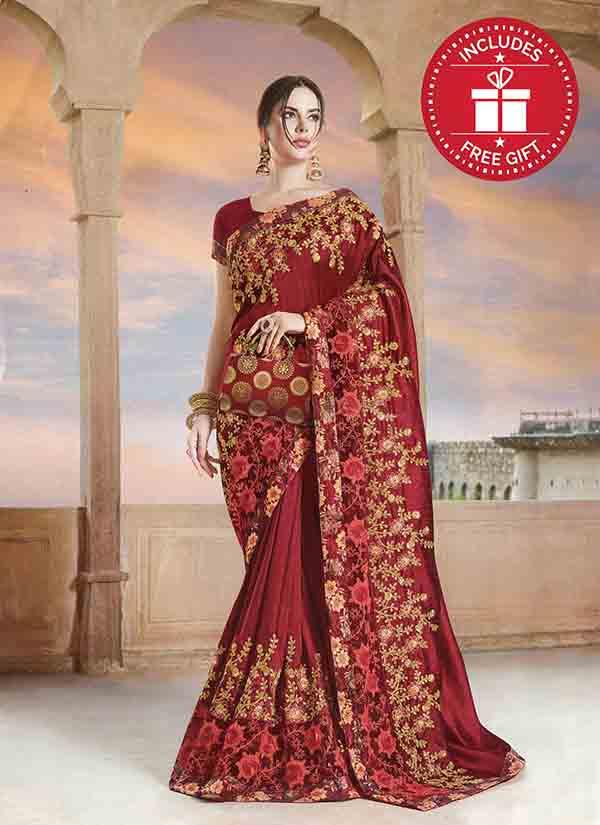 Maroon Vichitra Silk Heavy Work Designer Saree With Popped Up Roses