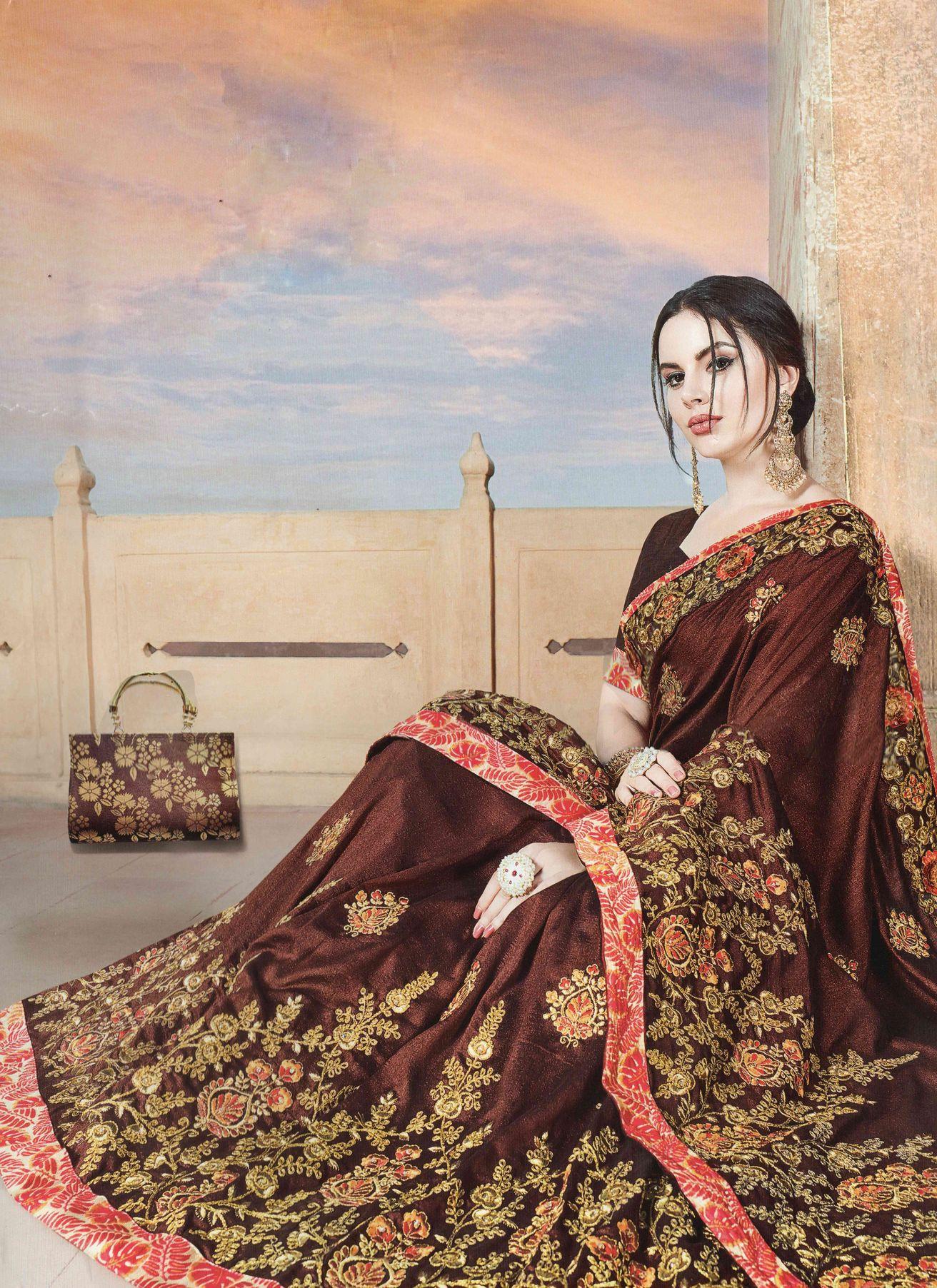 Chocolate Coloured Vichitra Silk Heavy Work Designer Saree