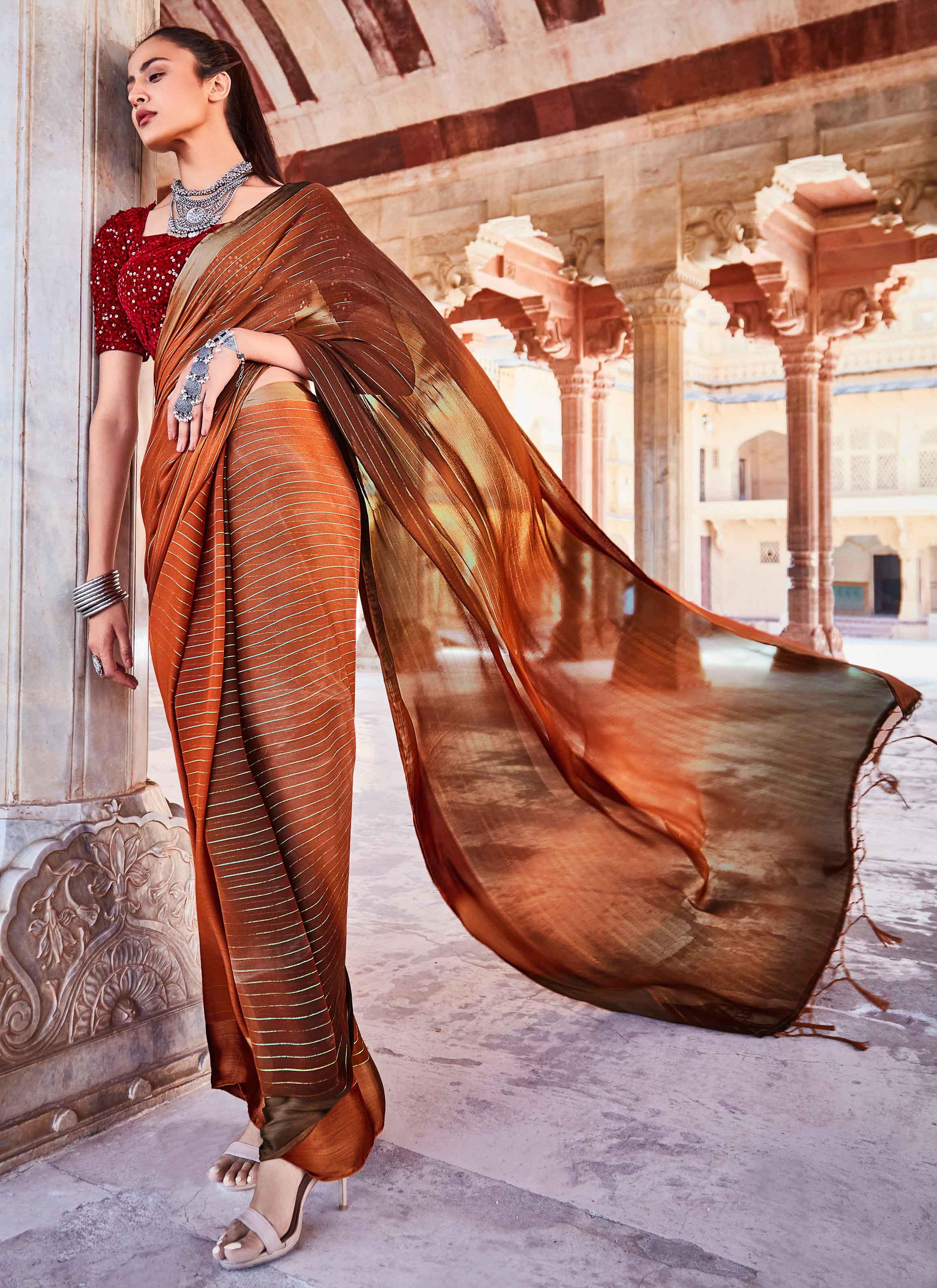Solid Color Satin Silk Saree in Rust : SPF9840