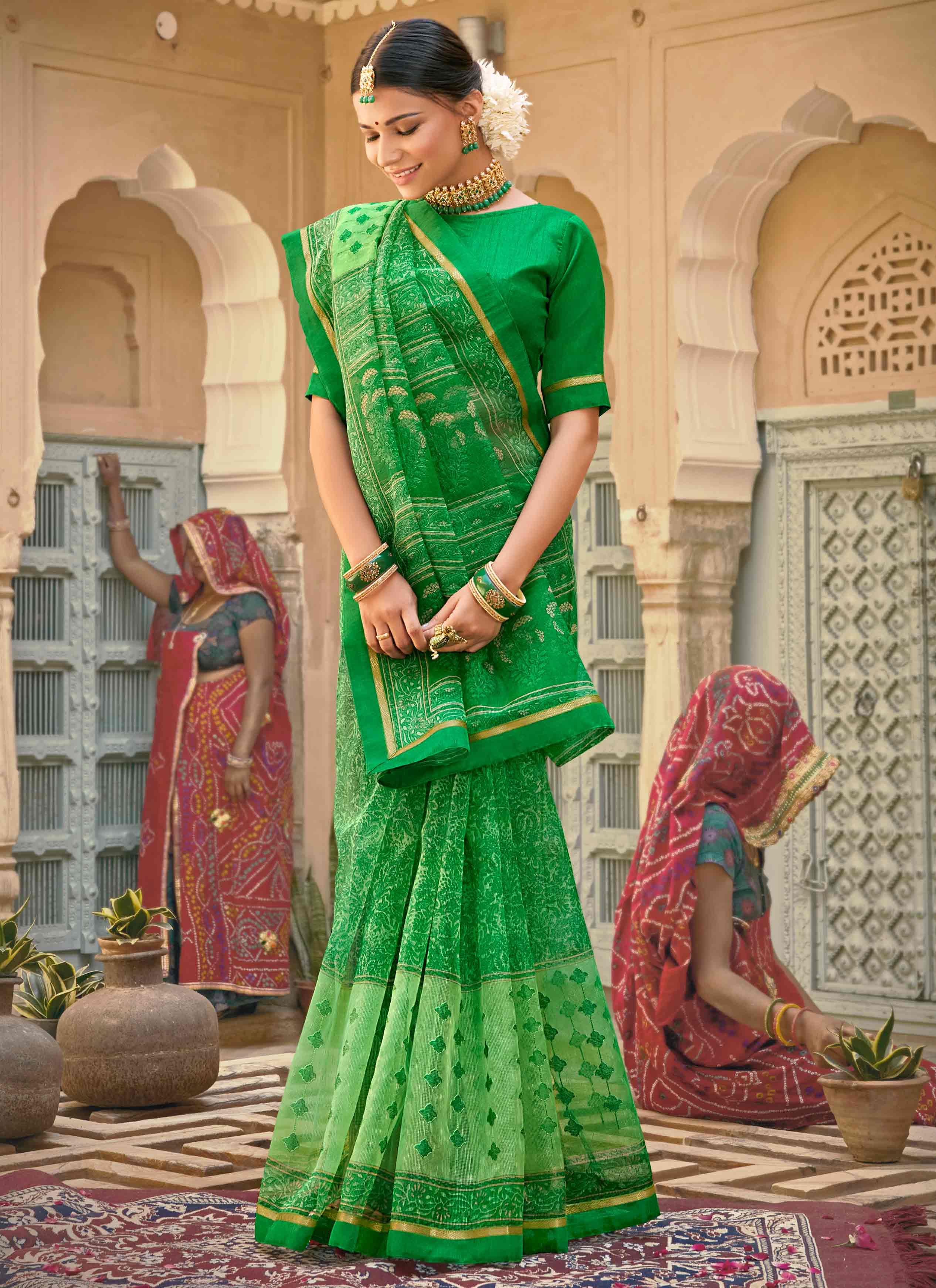 Parrot Green And Red Border Flower Printed Saree at best price in Bengaluru