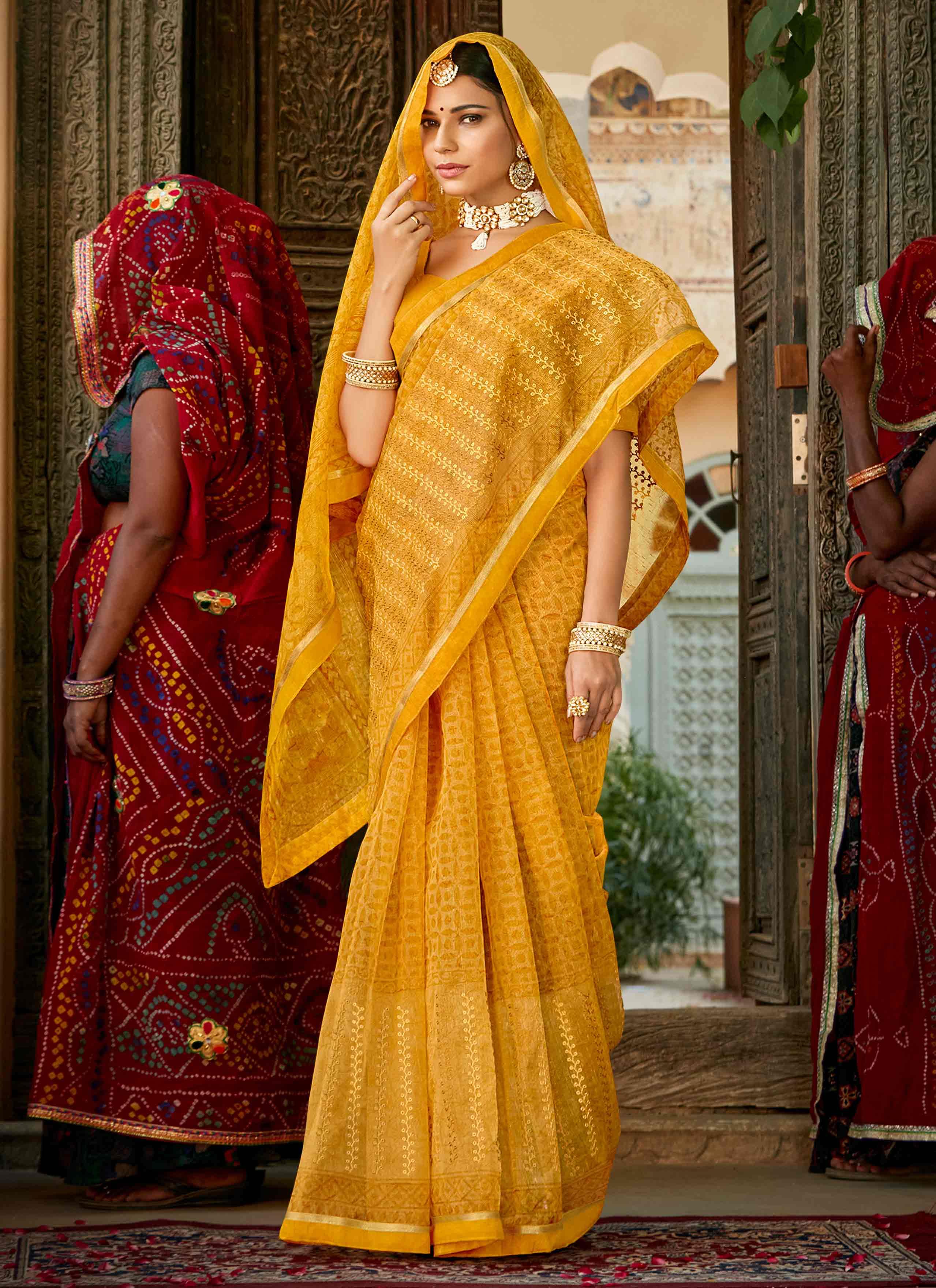 pure silk Classy Yellow Colour Saree, Shining Party Wear