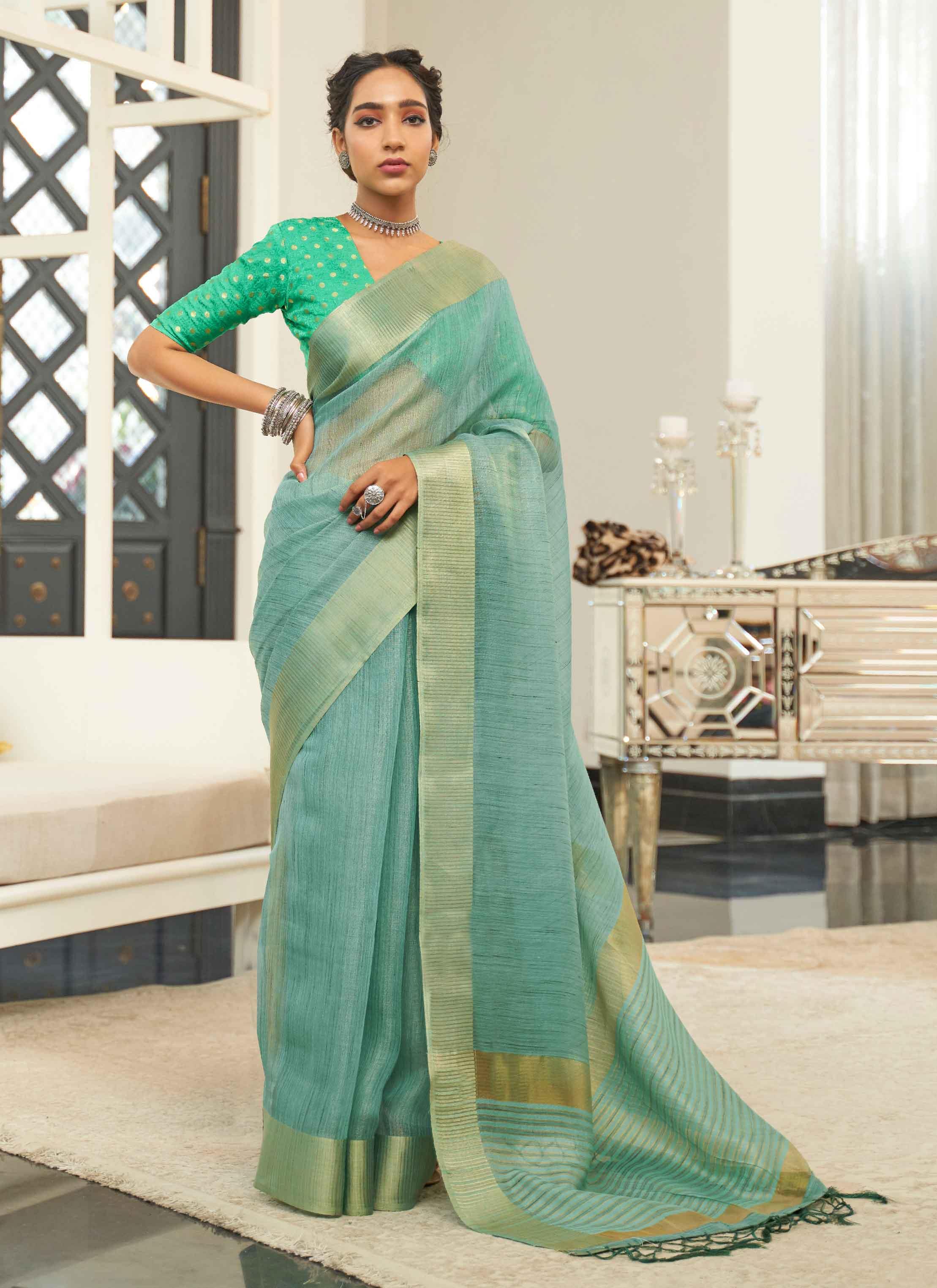 Sea Green Banarasi Silk Saree With Zari Weaving Work - Cloth