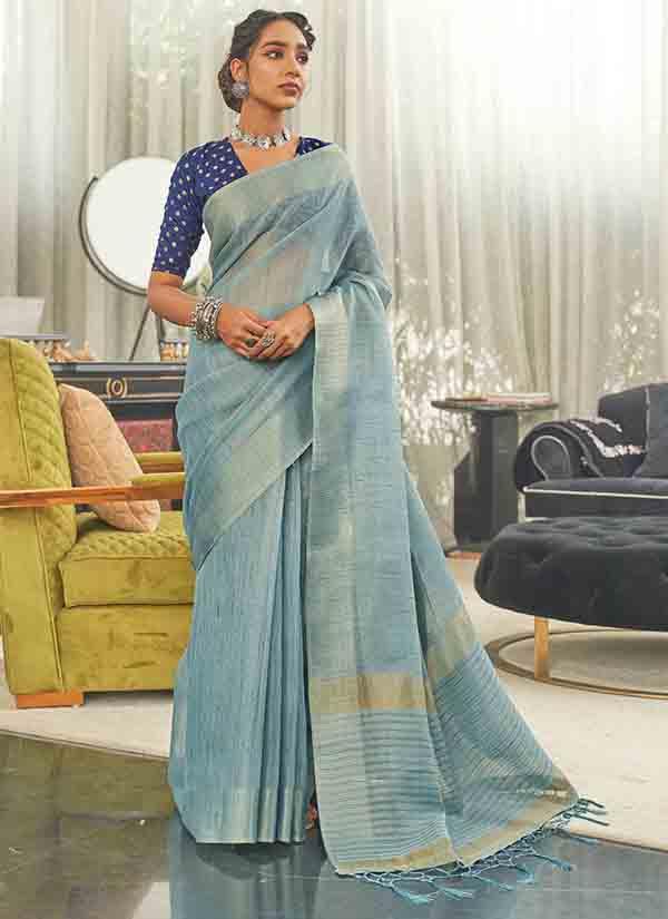 Pale Cerulean Blue Eri Silk Saree With Soft Banarasi Jacquard Blouse