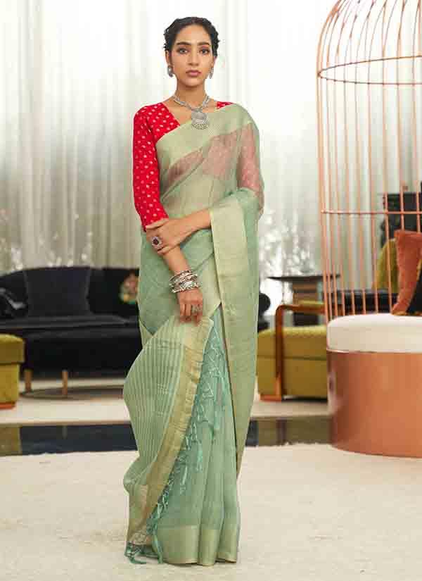 Mint Green Eri Silk Saree With Soft Banarasi Jacquard Blouse