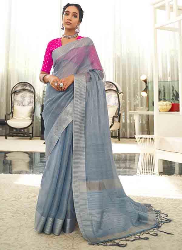 Grey Eri Silk Saree With Soft Banarasi Jacquard Blouse