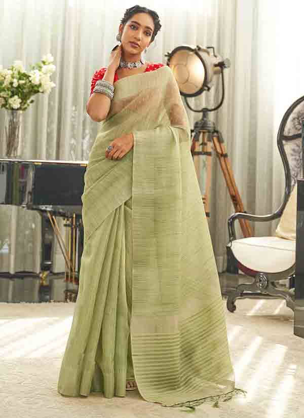 Tea Green Eri Silk Saree With Soft Banarasi Jacquard Blouse