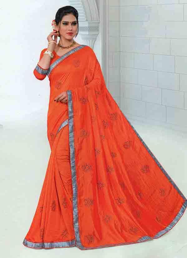 Fiery Orange Sequin & Thread Work Lycra Vichitra Silk Saree With Silver Border