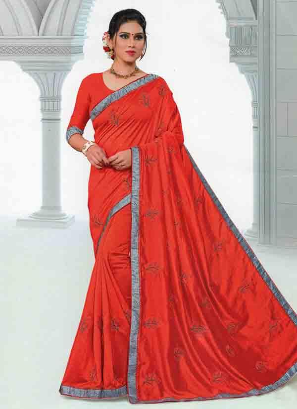 Fiery Red Sequins & Thread Work Lycra Vichitra Silk Saree With Silver Border