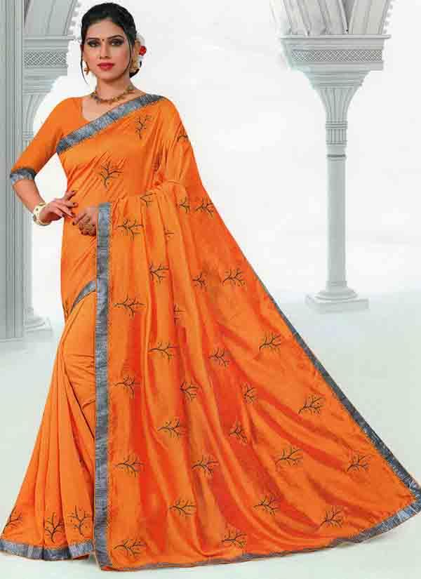Fiery Yellow Sequins & Thread Work Lycra Vichitra Silk Saree With Silver Border